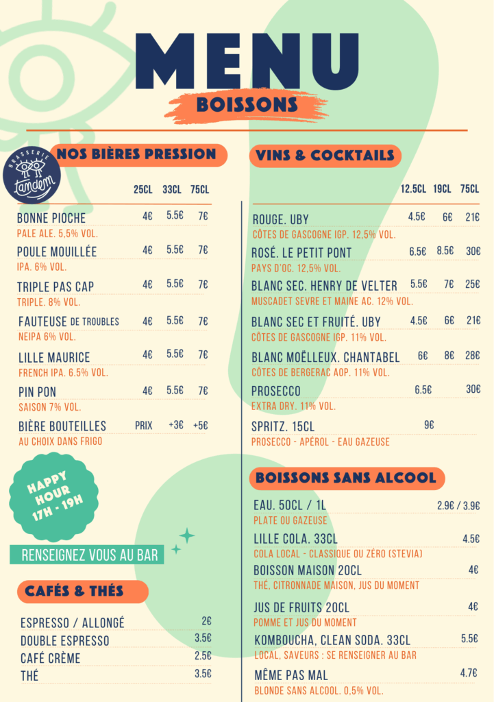 menu juillet boissons taproom Tandem
